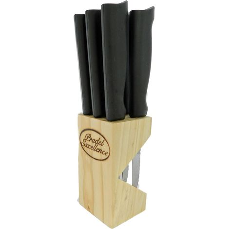 Bloc de 6 Couteaux Côte à l'Os - Lames en Acier Inoxydable Micro-Dentées - Bloc en Pin - Rangement Pratique et Design Cuisine, Noir (1/5)