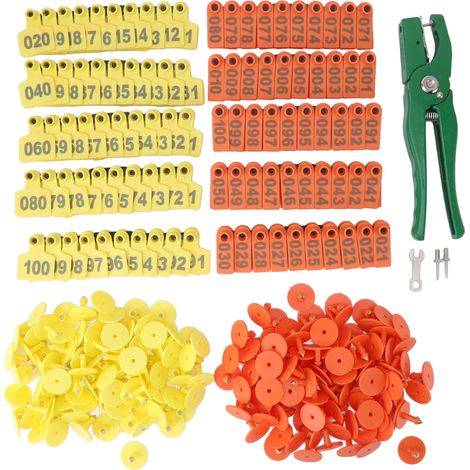 Ensemble boucle et clip auriculaire, applicateur pour bétail, couleurs vives, boucles auriculaires pour cartes d'identification des animaux de ferme, vertes avec jaune et orange. (1/5)