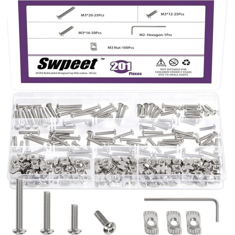 201 Piece Assortment Kit of Nickel-Plated T-Nuts and M3 Screws with Hex Key, M3×12/16/20 Socket Head Cap/Dome Head Bolts, for 2020 Series Aluminium Profiles (1/5)