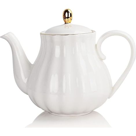 Théière En Céramique - 1 Unité - Porcelaine Dorée - Filtre Inclus - Pour Thé Et Café - 1 L Blanc (1/5)