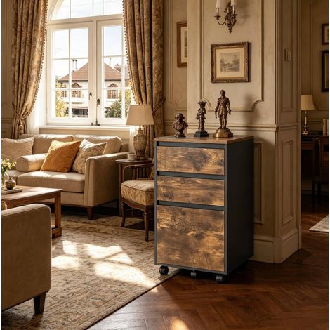 Cassettiera ufficio 40x40x70 cm nero e rovere scuro in legno ingegnerizzato con ruote e cassetto portadocumenti (1/4)