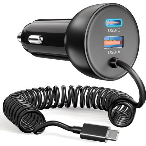 adattatore per caricabatterie da auto da 75 W, ricarica rapida USB C/A, cavo a spirale da 1,2 m, per smartphone, tablet e auto (1/5)