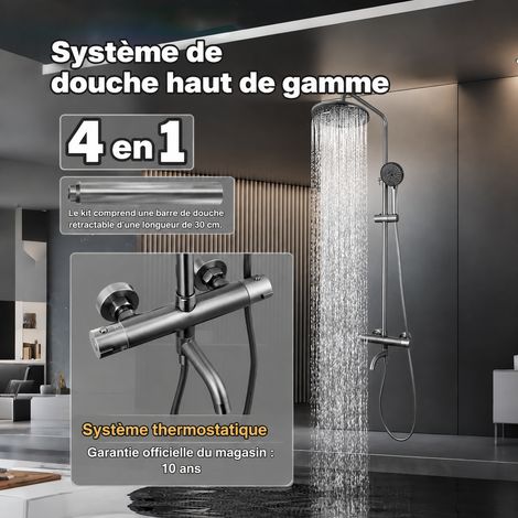 Colonne de douche murale laiton Gris électroplaqué thermostatique Rallonge de 30 cm tête carrée effet pluie 5 kg – Livraison gratuite
