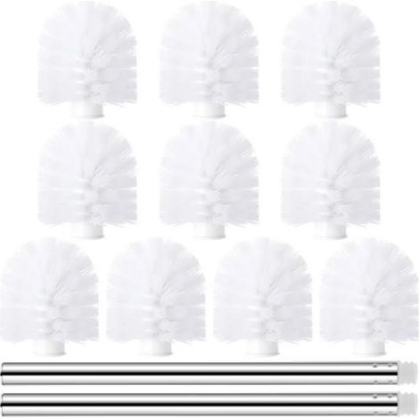 Ensemble brosses WC 10têtes rechange +2poignées acier inoxydable blanc 35x8x8cm facile nettoyer (1/5)