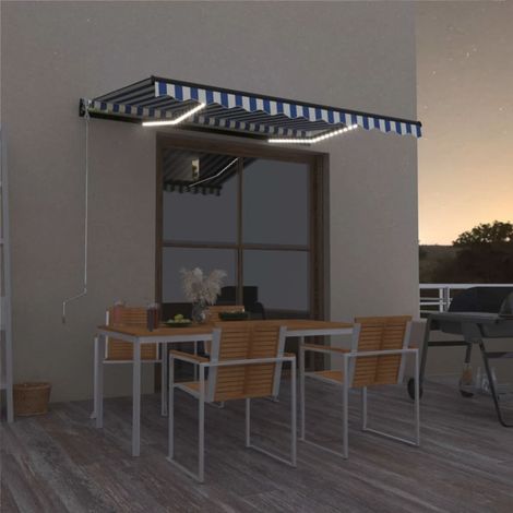 Auvent manuel Store Banne Solaire abri Marquise Brise-soleil rétractable avec LED 350x250 cm Bleu et blanc LKOWF26577 (1/5)