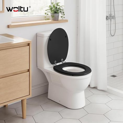 WOLTU Asiento de inodoro con cierre suave y bisagras de acero inoxidable, fácil de limpiar e instalar – Diseño de rayas negro