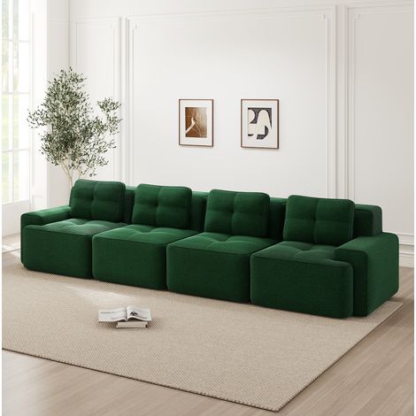 Sofá modular 4 plazas de pana verde, asiento profundo de 74 cm, sin montaje y base antideslizante (1/5)