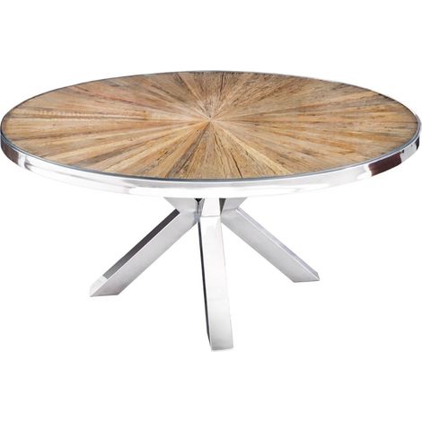 Esstisch RAFTA – Teakholz und gehärtetes Glas – Chrombein – 120 cm – Rund – Zeitgenössischer Stil