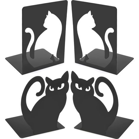 Serre-livres chat, serre-livres en métal, 2 paires, cales antidérapantes pour étagères, bureaux, bibliothèques, maison et école (120 x 105 x 160 mm, noir)