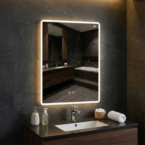FLASIDU - Miroir de salle de bain - 60×80 cm - Éclairage et luminosité réglables - Verre trempé incassable - Deux haut-parleurs Bluetooth - Fonction mémoire