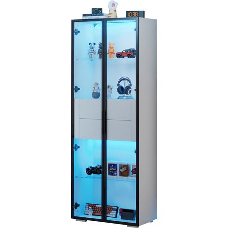 MODFU - Vitrina LED blanca con 2 puertas de cristal templado, 2 cajones, mueble alto para salón, dormitorio o comedor, 60x40x160 cm, MDF (1/5)