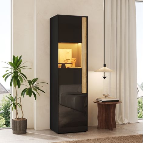 MODFU – Mobile vetrina alto 50x40x179 cm con LED regolabile, 2 ante, acrilico e anti-ribaltamento – Nero/naturale (1/5)