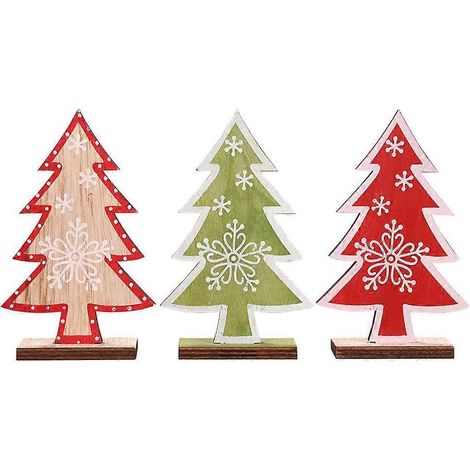 Lot de 3 décorations de Noël en bois imprimées, modèle créatif de sapin de Noël à poser sur un bureau, avec support, pour salon, chambre ou bureau (rouge).-12X8cm