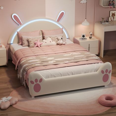 Lit Enfant 140x190 en Tissu, Lit simple avec Tête de Lit Capitonnée – Confortable et Design, Sommier à Lattes Inclus – Blanc (1/5)