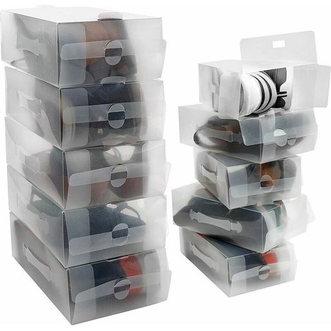 Boite de Rangement Chaussures en Plastique Transparent (Lot de 10) - Rangement Chaussures pour Femmes, Hommes et Enfants - Pliables, Ondulées et Empilables pour Le Rangement et Le Voyage (1/4)