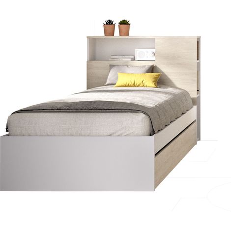DEKIT TEN - CAMA CON CABEZAL Y ARO DE CAMA DE 90X190 CON ARRASTRE - BLANCO / NATURAL - 96 x 99 x 218,2 (1/4)