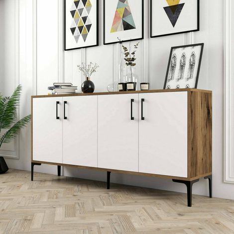 Dmora - Buffet Daltobell, Buffet du salon, Commode de salon, Garde-manger de cuisine, 160x35h78 cm, Noyer et Blanc (1/5)