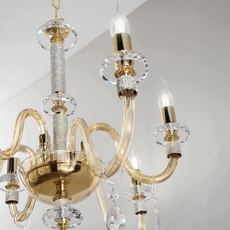 Lampada a sospensione DIDO D65 cm in vetro trasparente lavorato a mano 6 LUCI AMBRA (1/2)