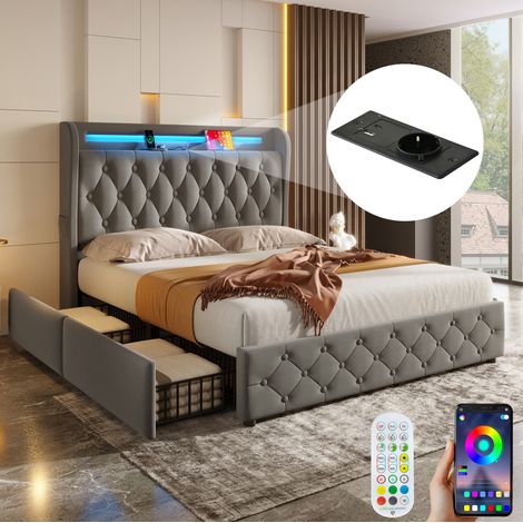 Cama tapizada 140x190 cm gris de tela y metal, LED RGB, USB y 4 cajones (1/5)
