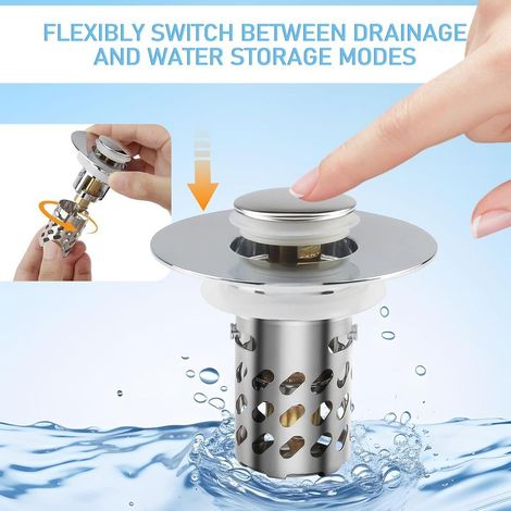 Bouchon Lavabo Salle de Bain Pop-Up 3 en 1 Universel Inoxydable Bonde Lavabo avec Filtre pour Lavabo (Orifice de Vidange 25-40mm) Baignoire Cuisine Bain (1/2)