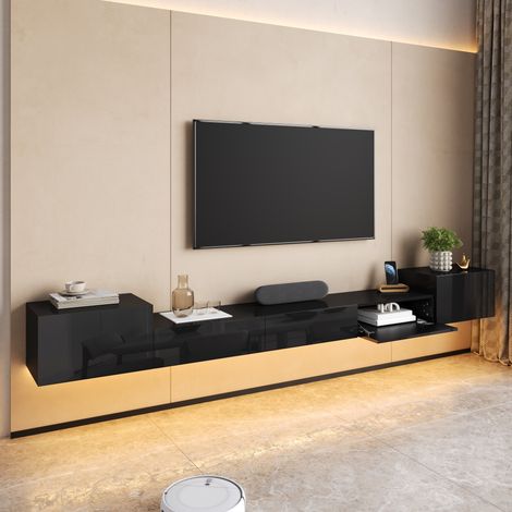 Meuble TV Suspendu 245 cm Portes Brillantes avec LED App - Meuble Bas de Salon, Design Flottant Moderne - Meuble Télé Noir