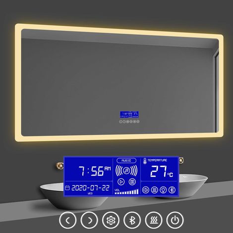 Acezanble 3 couleurs LED réglables miroir 80x60cm miroir salle de bain avec éclairag + miroir mural cosmétique lumineux + antibuée + Panneau LCD (Tactile, Haut-Parleur Bluetooth, Horloge, Date, Tempér (1/5)