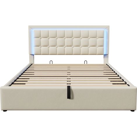 Lit coffre rembourré 160x200 cm blanc avec sommier à lattes et bande LED (1/5)