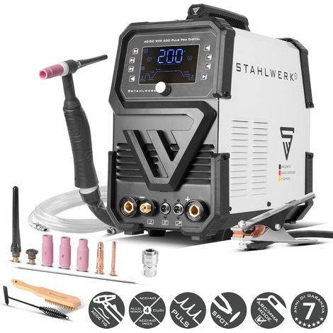 STAHLWERK Saldatrice AC/DC TIG 200 Puls Pro Digitale – Inverter combinato 200 A, funzione MMA, funzione Pulse & Spot, memoria lavori, Hotstart, per alluminio & lamiere sottili (1/5)