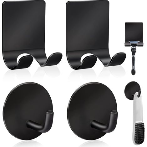 Soporte de acero inoxidable para afeitadora de ducha + ganchos de pared adhesivos impermeables de alta calidad para colgar toallas, abrigos y sombreros (paquete de 2 + 2) - Negro (1/3)