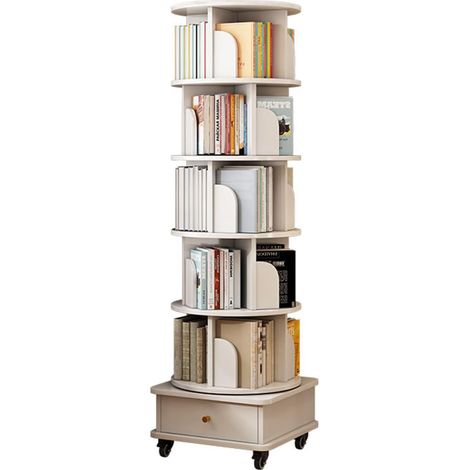 Bibliothèque rotative 360° avec roulettes et tiroir MDF blanc 173 cm (1/5)