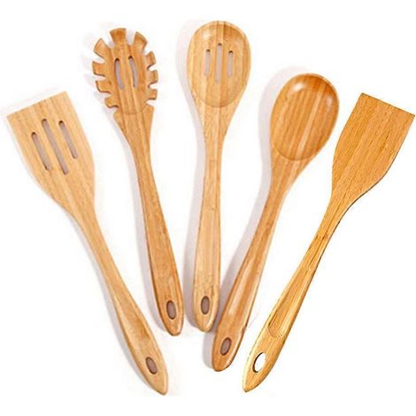 5 Pièces Ustensiles de Cuisine en Bambou Set avec Manche Long Écologique (1/4)