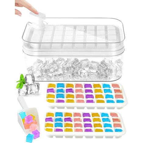 Ice Cube Tray with Lid, Easy Release Silicone Ice Cube Tray with 64 Ice Cube Trays Storage Box, Freezer Ice Tray for Cocktails, Whiskey, Beer, Coffee(White) (1/5)
