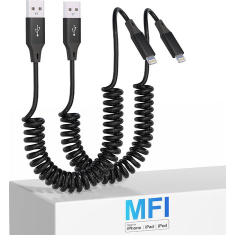 Lot de 2 Câble Lightning Spiralé, certifiés Ap-ple Carplay et MFi, chargeur Câble iPhone rétractable avec transmission de données, cable recharge iphone court pour iPhone/Pad/Pod (1/5)