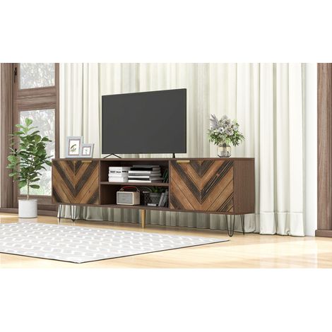 Meuble TV avec deux portes, portes en placage de bois massif. Meuble TV avec deux compartiments, panneau bas, meuble TV. Poignées dorées et pieds en fer. (1/5)