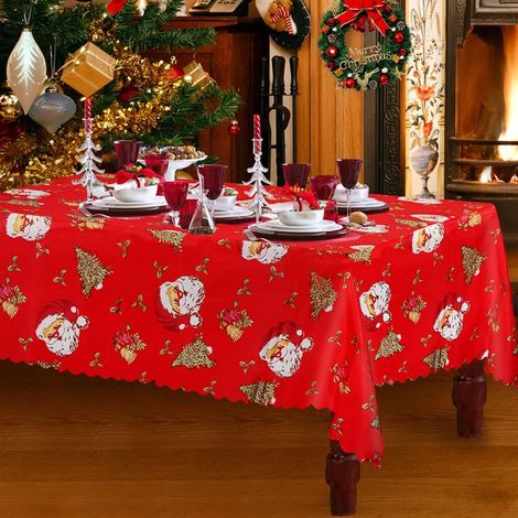 Nappe de Noël, Nappe Noel Rouge Nappe de Table de Fête Rectangulaire Nappes de Salle à Manger 180 x 150 cm, Grande Nappe de Noël Lavable et Chemin de Table de Dîner pour Décoration de Table de Noël