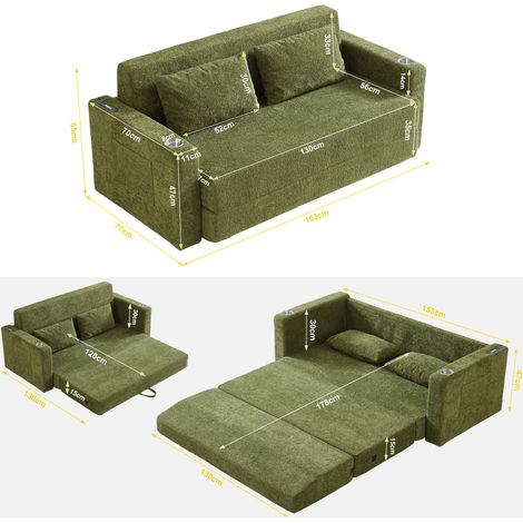 2-Sitzer Klapp-Schlafsofa Grün mit USB, Becherhaltern und Seitentaschen, 2 Kissen OKMYHOME (1/5)