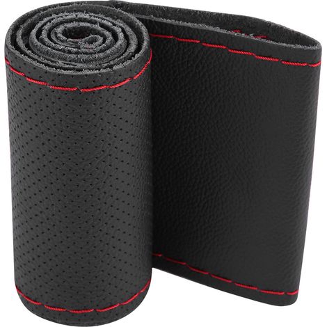 Volant Voiture Universel Cuir Vache Perforé Laser 37-38cm Noir Rouge Anti-Dérapant Housse Accessoire Auto (1/5)