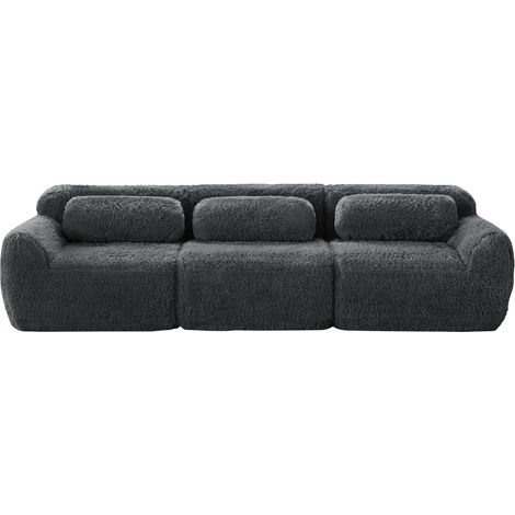 Sofá bajo modular de 3 plazas de tejido efecto peluche gris con cojines, 291 x 104 x 73 cm (1/5)