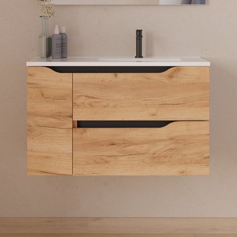 Meuble sous vasque seul, 2 tiroirs et 1 porte, 80cm, pour vasque déportée droite - roble (bois clair) - ZARZA