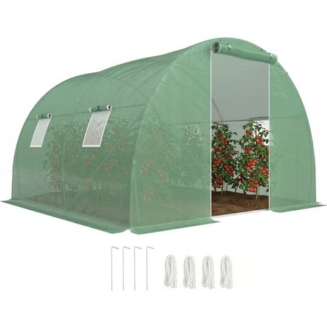 Serre à tunnel extérieure 3x3x2m avec couverture en PE, porte à fermeture éclair et 4 fenêtres, verte