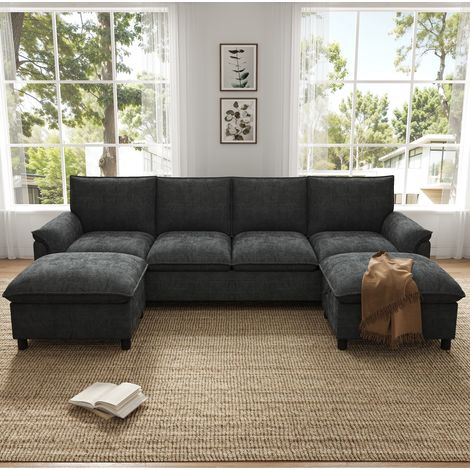 Divano modulare a U 264.5x142.5x84 cm nero in ciniglia con 2 pouf contenitore e schienale alto (1/5)
