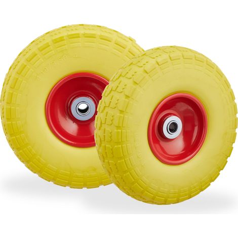 Set of 8 Relaxdays Wheelbarrow Tyres, Puncture-Proof Solid Rubber, 4.1/3.5-4", 16 mm Axle, Spare Wheel, Yellow/Red