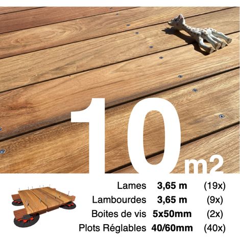 Kit complet terrasse bois exotique JATOBA pour 10 m² • Lames 3,65 m, lambourdes 3,65 m, plots réglables et visserie Inox • Livraison gratuite
