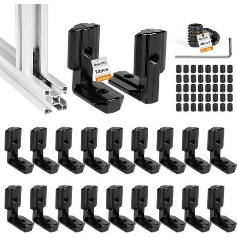 20 Supports angle à fente en T Connecteur angle 4040 Joint en angle droit Support d'angle alliage aluminium Joint angle droit fente pour profil en aluminium standard européen avec 40 vis, Noir (1/5)