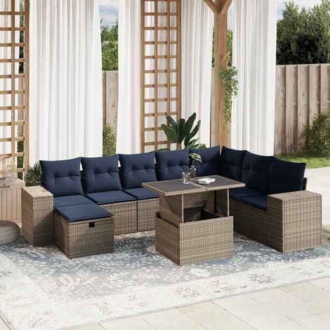 9-teiliges Gartensofa-Set mit Kissen, grau, Polyrattan (1/5)