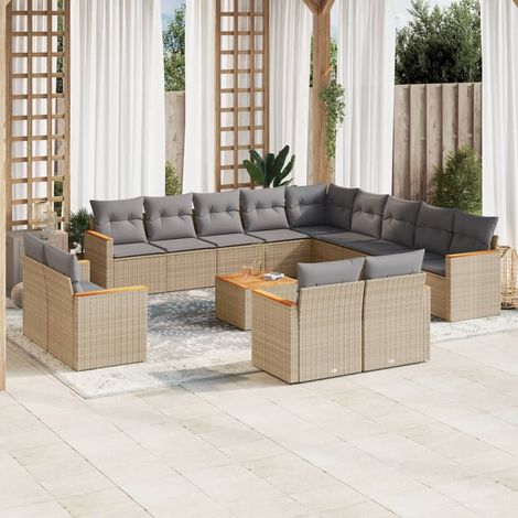 14-tlg. Garten-Sofagarnitur mit Kissen Beige Poly Rattan (1/3)