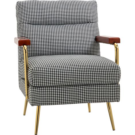 Fauteuil rétro, fauteuil d'appoint, motif pied-de-poule, éléments en bois, structure à ressorts, noir et blanc (1/5)