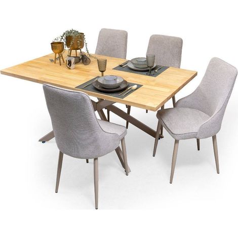 Conjunto de Comedor TAMI QUEEN con Mesa Fija de Madera Maciza y 4 Sillas Tapizadas en Tela Gris (1/5)