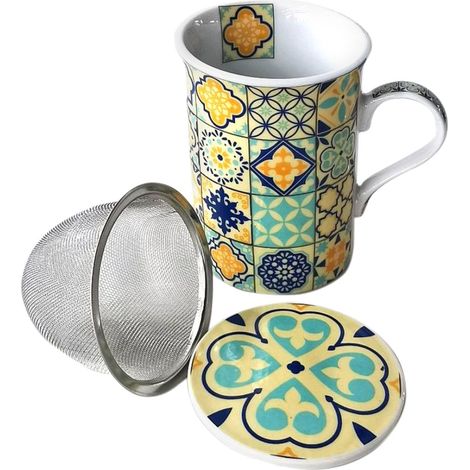 Mug Jaune et Bleu en porcelaine avec infuseur Carreaux de ciment