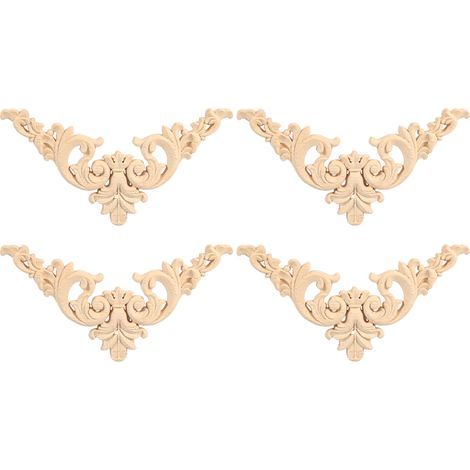 Lot de 4 appliques d'angle sculptées en bois d'hévéa, en forme de fleur, non peintes, 12 x 12 cm (1/5)